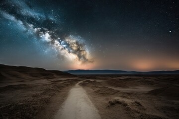 milky way galaxy, shining brightly in the night sky over desert landscape, created with generative ai