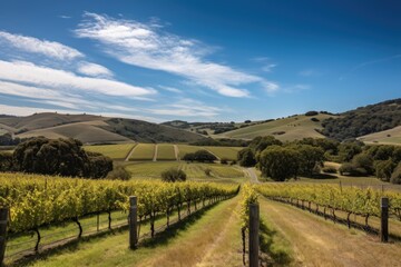 vineyard with rolling hills and blue skies, created with generative ai