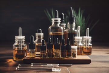 Obraz na płótnie Canvas cbd oil on wooden table, surrounded by vape pens and other cbd products, created with generative ai