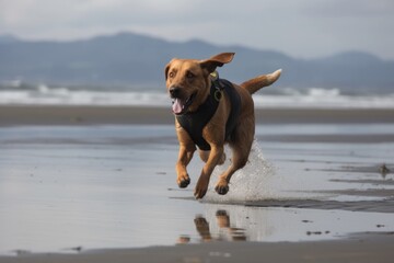 dog running along the beach, with its nose to the ground, on search and rescue mission, created with generative ai