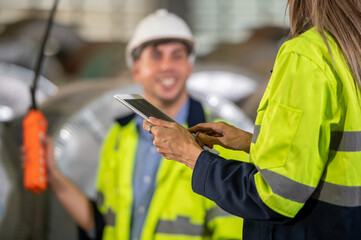 Factory apprenticeship. Woman mentor teaching man employee trainee operating machine look monitors...