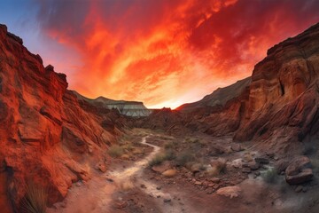 majestic sunset over fiery canyon, with the sky painted in vibrant and warm hues, created with generative ai