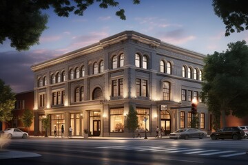 Fototapeta premium Historical business architecture building that has been repurposed or renovated to accommodate modern business needs while preserving its original charm and character - Generative AI