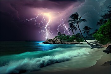 tropical cyclone unleashing torrential rain and lightning on tropical island, created with generative ai