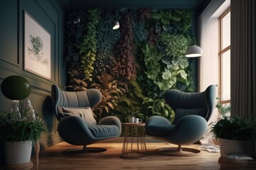 vertical garden in living room with wooden floors and cozy armchairs, created with generative ai