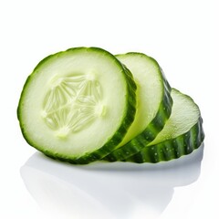 Slices of fresh cucumber isolated on white background. Fresh raw organic vegetable. Generative AI.