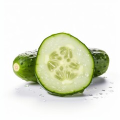 A slice and a fresh cucumber isolated on white background. Fresh raw organic vegetable. Generative AI.