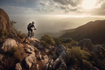 enthusiast mountain biking over rocky terrain with view of the valley below, created with generative ai