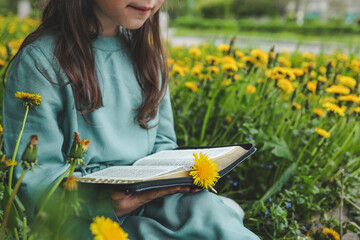 Little girl reading bible in dandelion field, christian concept