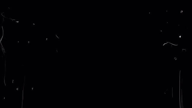 The effect of a damaged film tape with white stripes and scratches on a black screen. Animation of vintage roughness for overlay. Stock video retro nostalgia in 4k with alpha channel.