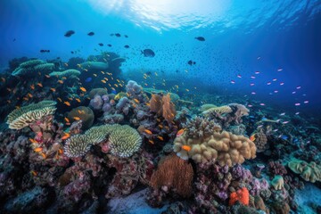 coral reef surrounded by schools of fish and other marine life, created with generative ai