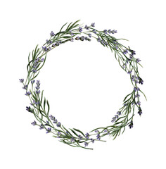 Watercolor floral wreath with lavender. Hand-drawn rustic purple flowers frame template isolated for wedding invitations, greeting cards and logo