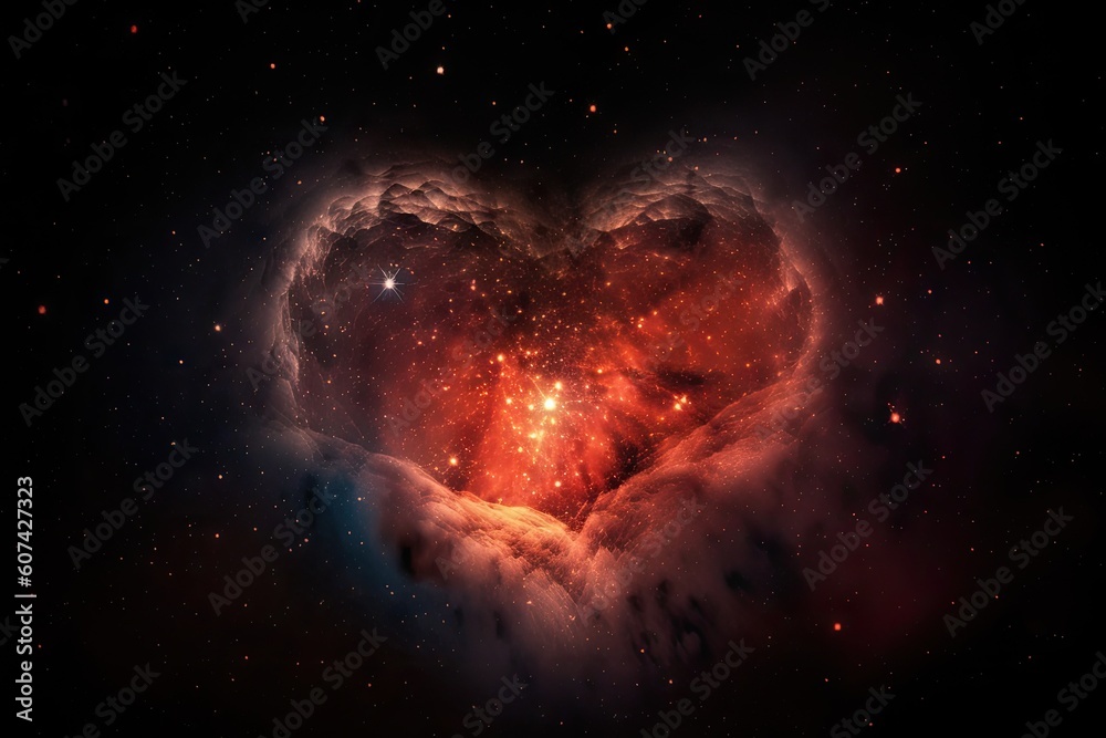Poster heart-shaped nebula with stars shining in the background, created with generative ai