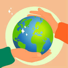 People trying to Save Planet Earth. Woman and Man holding the Planet Earth. Global Warming and Climate Change Concept. Flat Cartoon Vector Illustration.