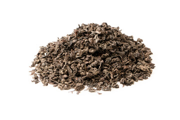 Dried tea leaves isolated on a white background.