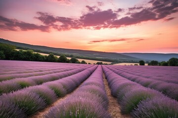lavender field, with rolling hills and pastel sky in the background, created with generative ai