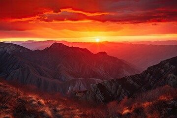 majestic mountain range, with the sun setting behind, and fiery reds and oranges in the sky, created with generative ai