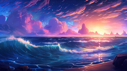 Scene of ocean with stars in the sky painting
