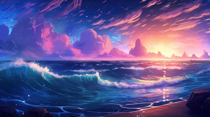 Rolgordijnen Scene of ocean with stars in the sky painting © Absent Satu