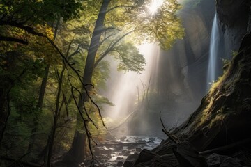 majestic waterfall with misty spray and sunlight shining through the trees, created with generative ai