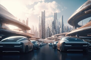 futuristic city with futuristic cars and self-driving transportation system, created with generative ai