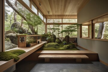 green retreat with organic and natural finishes, built-in benches, and bonsai trees, created with generative ai
