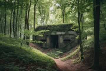 abandoned bunker in the forest, with trees and vegetation growing around it, created with generative ai