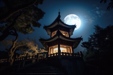 peaceful scene of moonlight shining on the walls of a chinese pagoda, created with generative ai