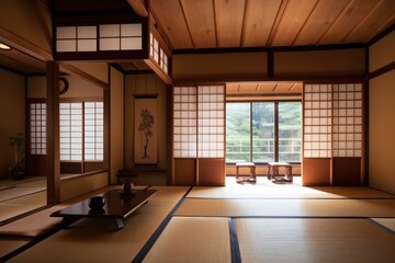 Fototapeta na wymiar traditional japanese room with sliding screens and tatami flooring, created with generative ai