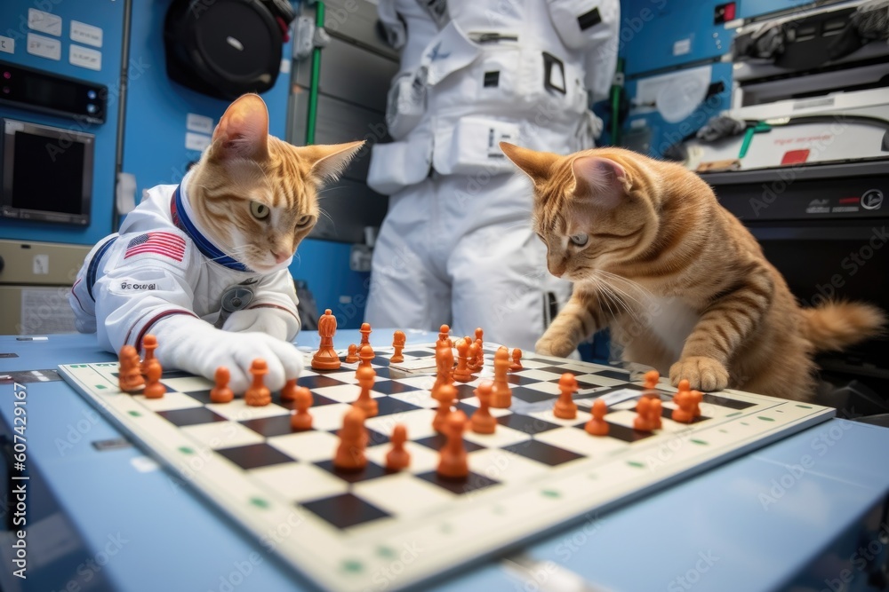 Poster feline and canine astronaut playing a game of chess in space station, created with generative ai