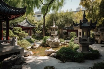 refreshing garden with water features and stone lanterns, surrounded by chinese pagodas, created with generative ai