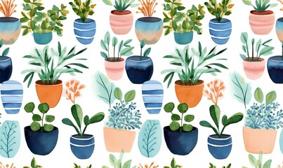 watercolor plant pots seamless pattern