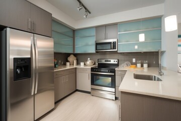 Fototapeta premium kitchen, with sleek stainless steel appliances and glass countertops, created with generative ai