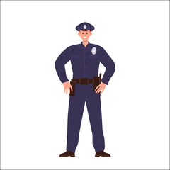 Police officer cartoon character wearing uniform and weapon on belt standing isolated on white