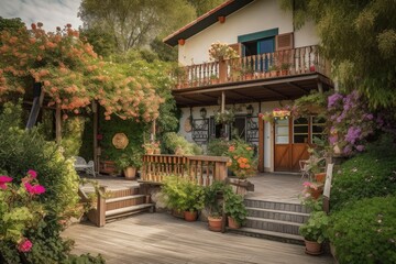 Fototapeta na wymiar mediterranean house with lush garden, blooming flowers and wooden deck, created with generative ai