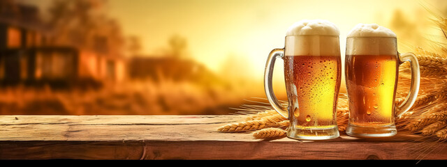 two glass of draft beer with foam on a wooden table, banner with copy space, made with Generative AI