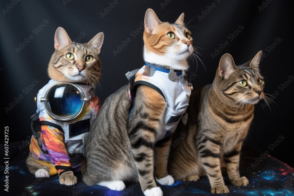 Poster intergalactic adventure with feline and canine crew, exploring new worlds, created with generative a