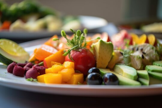 close-up of a plate filled with delicous and colorful food, created with generative ai