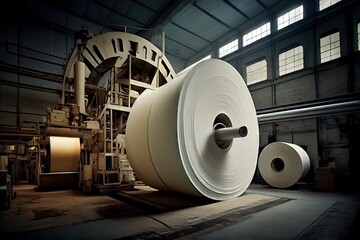 pulp and paper factory, with massive machines producing endless rolls of paper, created with generative ai