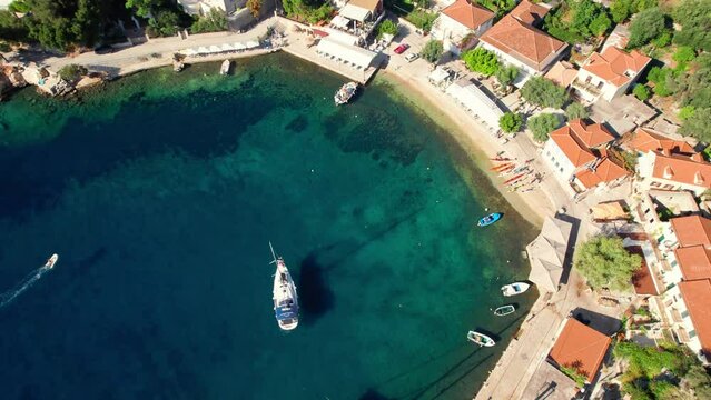 Aerial view of the picturesque Kioni fishing village, Ithaka island, Greece