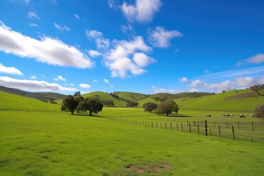 pasture surrounded by rolling hills and blue skies, created with generative ai