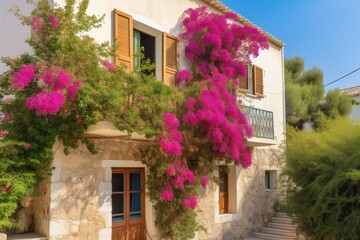 Fototapeta na wymiar exterior of classic mediterranean house with lush bougainvillea climbing up the walls, created with generative ai