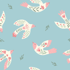 Fototapeta na wymiar Vector seamless pattern with birds, flowers, leaves in folklore style. Doves of peace. Doodle illustrations with stylized decorative floral elements. For textiles, clothing, bed linen.