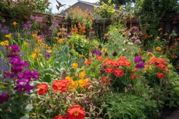 close-up of vibrant and colorful garden, with blooming flowers, hummingbirds buzzing nearby, created with generative ai