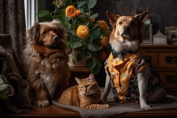 photoshoot, with cat and dog models wearing outfits of their own designs, created with generative ai