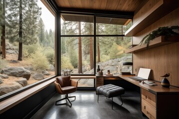 Fototapeta premium outdoorsy home office with view of mountains and forest, created with generative ai