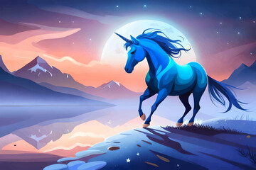 Naklejka na ściany i meble Unicorn in the moonlight. Vector illustration of a unicorn.