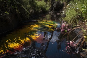 chemical waste spill in a natural environment, with visible effect on flora and fauna, created with generative ai