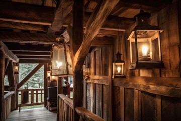 creative lighting and decor in rustic cabin with lanterns and wooden beams, created with generative ai
