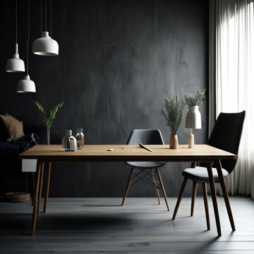 Interior Of Modern Living Room With Grey Walls, Wooden Floor, Long Wooden Table With Black Chairs And Gray Sofa. Generative Ai